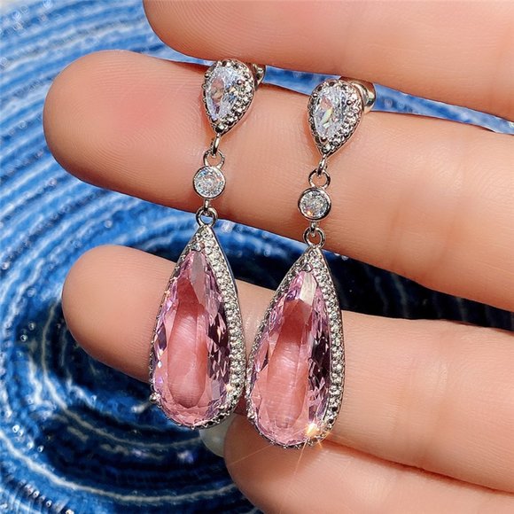 WATER DROP Pink CZ STONE PIERCED Dangle EARRINGS - Picture 2 of 6